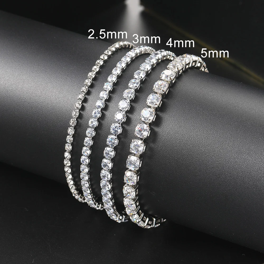 Kolor srebrny 2.5/3/4/5mm cyrkon bransoletka tenisowa dla kobiet mężczyzn olśniewający kryształowy łańcuszek na rękę prezent ślubny moda punkowa biżuteria