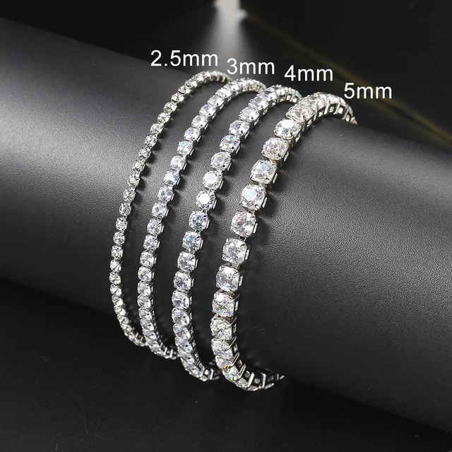 Kolor srebrny 2.5/3/4/5mm cyrkon bransoletka tenisowa dla kobiet mężczyzn olśniewający kryształowy łańcuszek na rękę prezent ślubny moda punkowa biżuteria