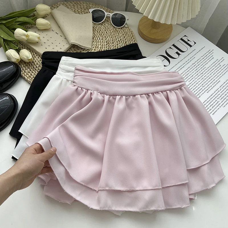 

Spring Summer Women Above Knee Chiffon Skirts High Waist Solid A Line Mini Skirt With Linning