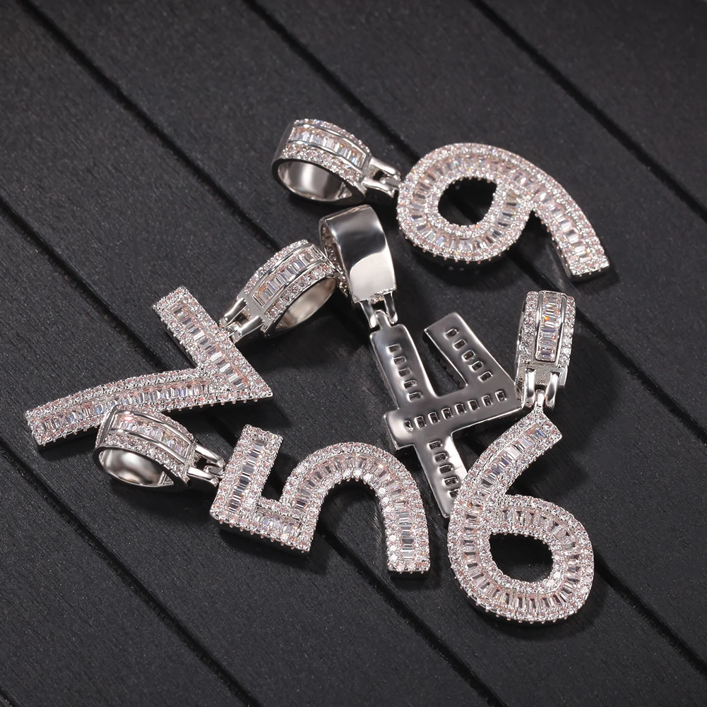 Uwin Iced Out Baguettecz Number Pendant 0-9 Single Digit Charms Hip Hop Bling Digit Necklace Pendant Men Women Jewelry Gift