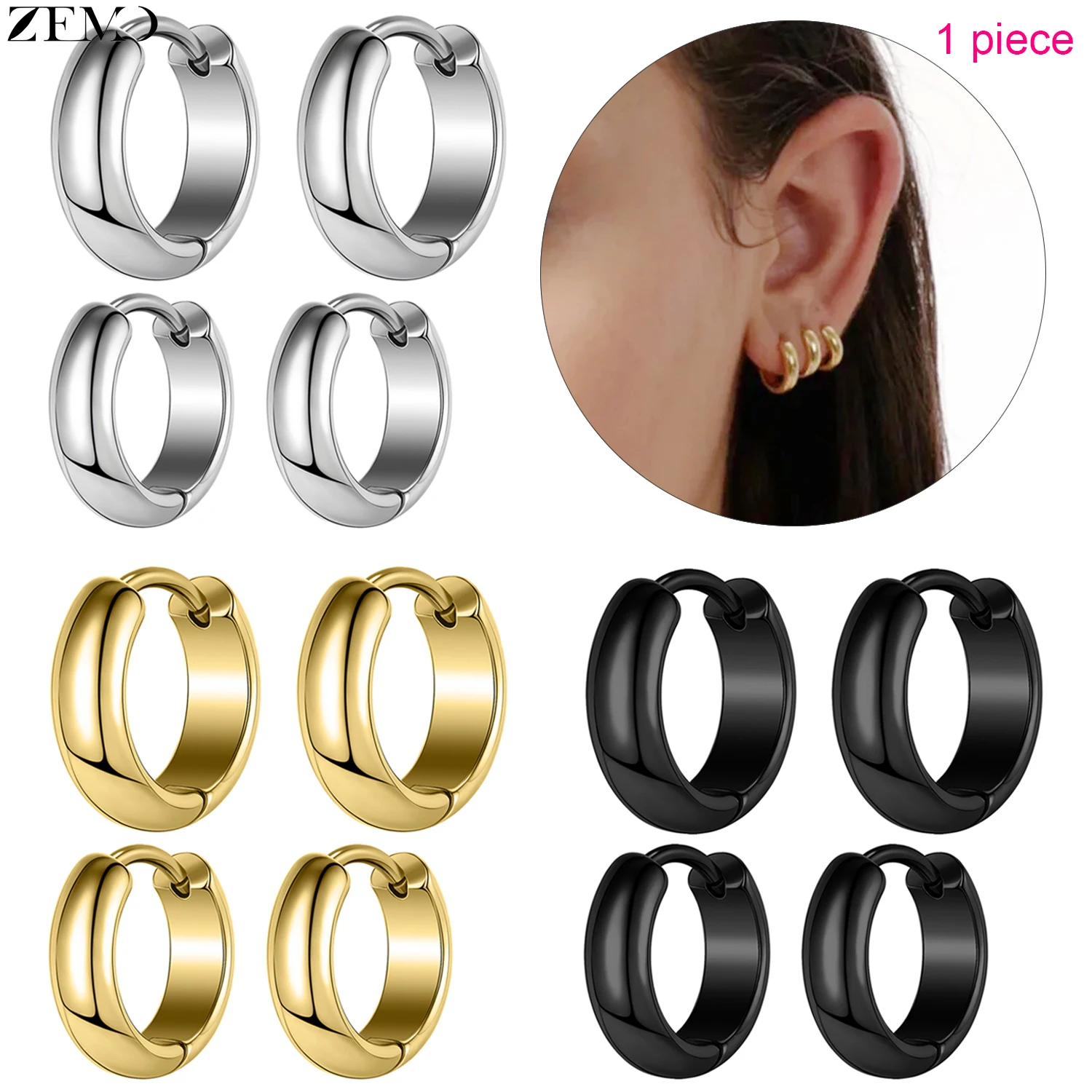 

ZEMO 18G/20G 1 PC Stainless Steel Hoop Earrings Men Women Circle Earring 3 Color Round Ear Helix Conch Cartilage Piercings 7/9MM