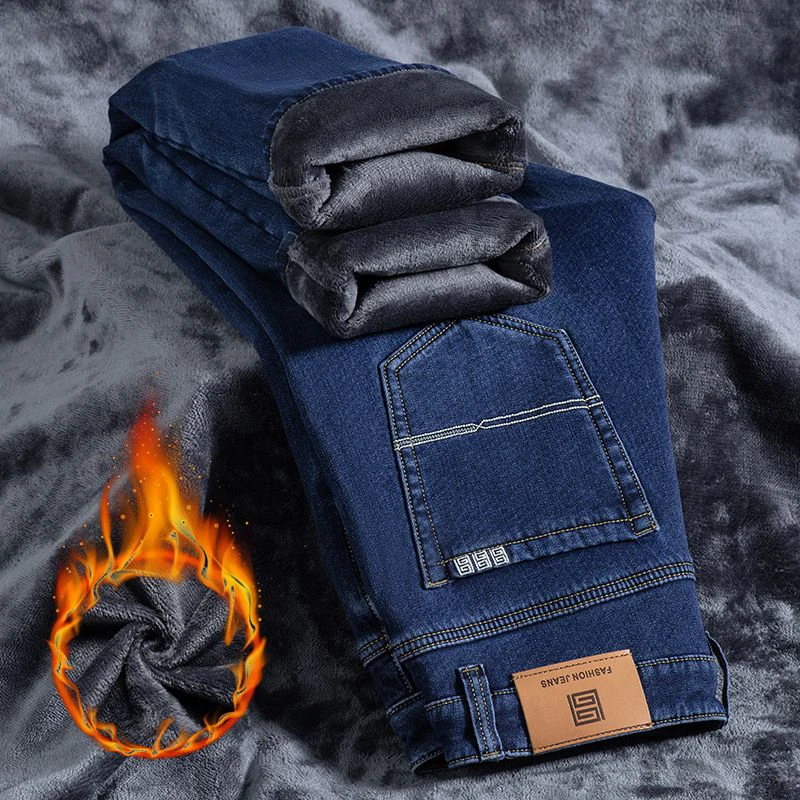Men Autumn Winter Warm Loose Straight Jeans Male Fleece Lined Thickened Slim Fit Denim Pants Look Taller Elasticity Trousers