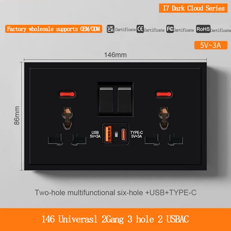 146 Type Black Plastic Socket with Multi-Function 3/6 Hole And Indicator Light 2Gang Switch Controlled USB Type-C Quick Charging