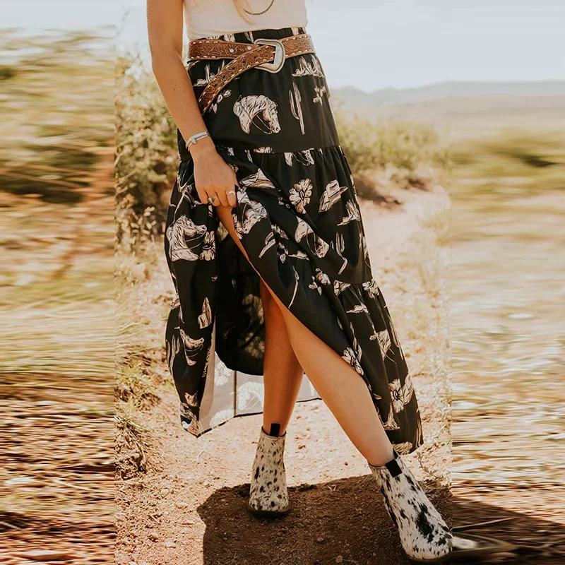 Fashionable and Personalized Printed Layered Skirt for Women New Style Crotch Covering Wide High Waisted Long Skirt for Women