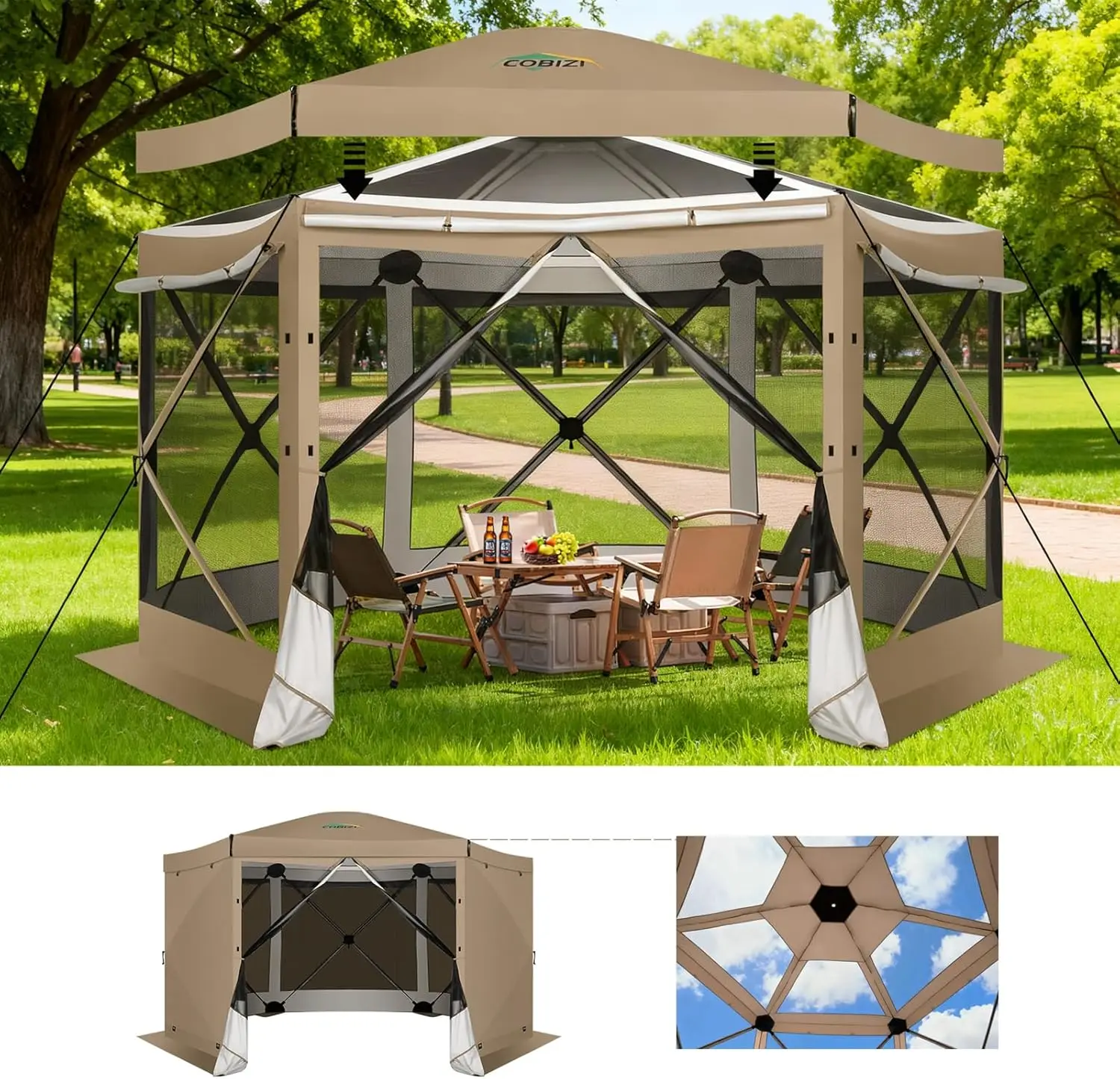 

Палатка-тент 12x12 футов для наблюдения за звездами с откидной крышей, беседка с москитной сеткой для кемпинга на открытом воздухе, сада, двора, цвет хаки