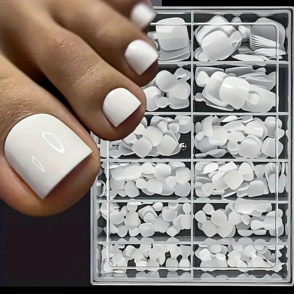 120/240pcs White Full Cover Toe Nail Tips Short Square Fake Toenails 12 Sizes Artificial Acrylic Toe Nails For Pedicure