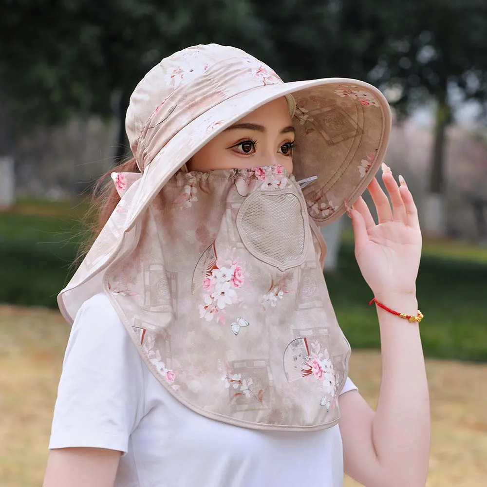 Anti-UV Mask Picking Tea Hat Wide-Brimmed Portable Sunshade Shawl Cap Breathable Cotton Neck Protection Hat Jogging