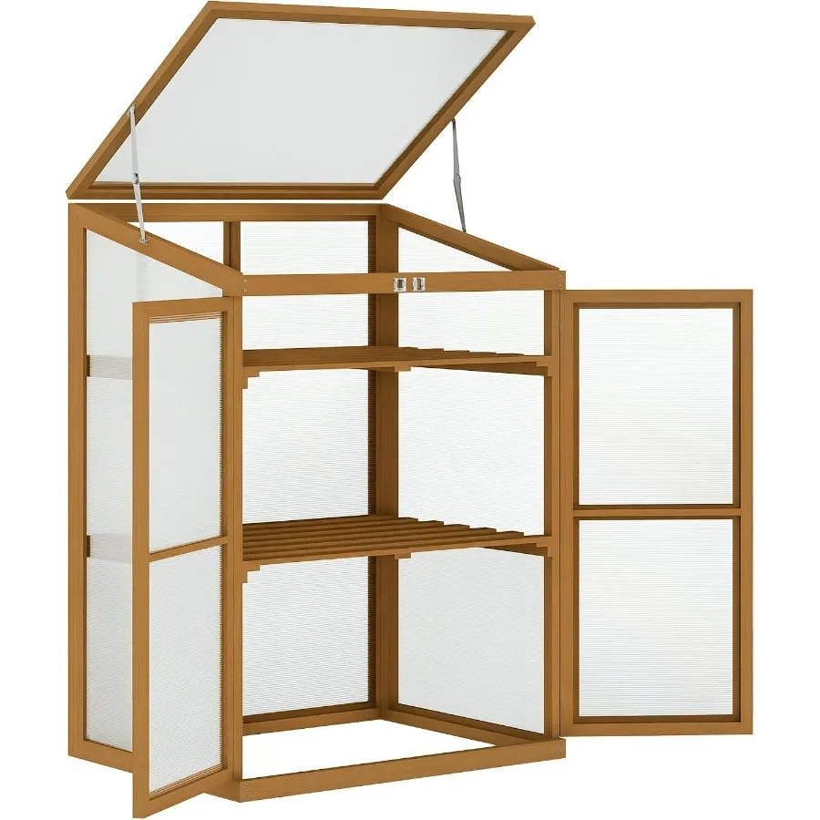 Cold Frame Greenhouse for outdoor gardening, made of wood, brown color, durable and weather-resistant design