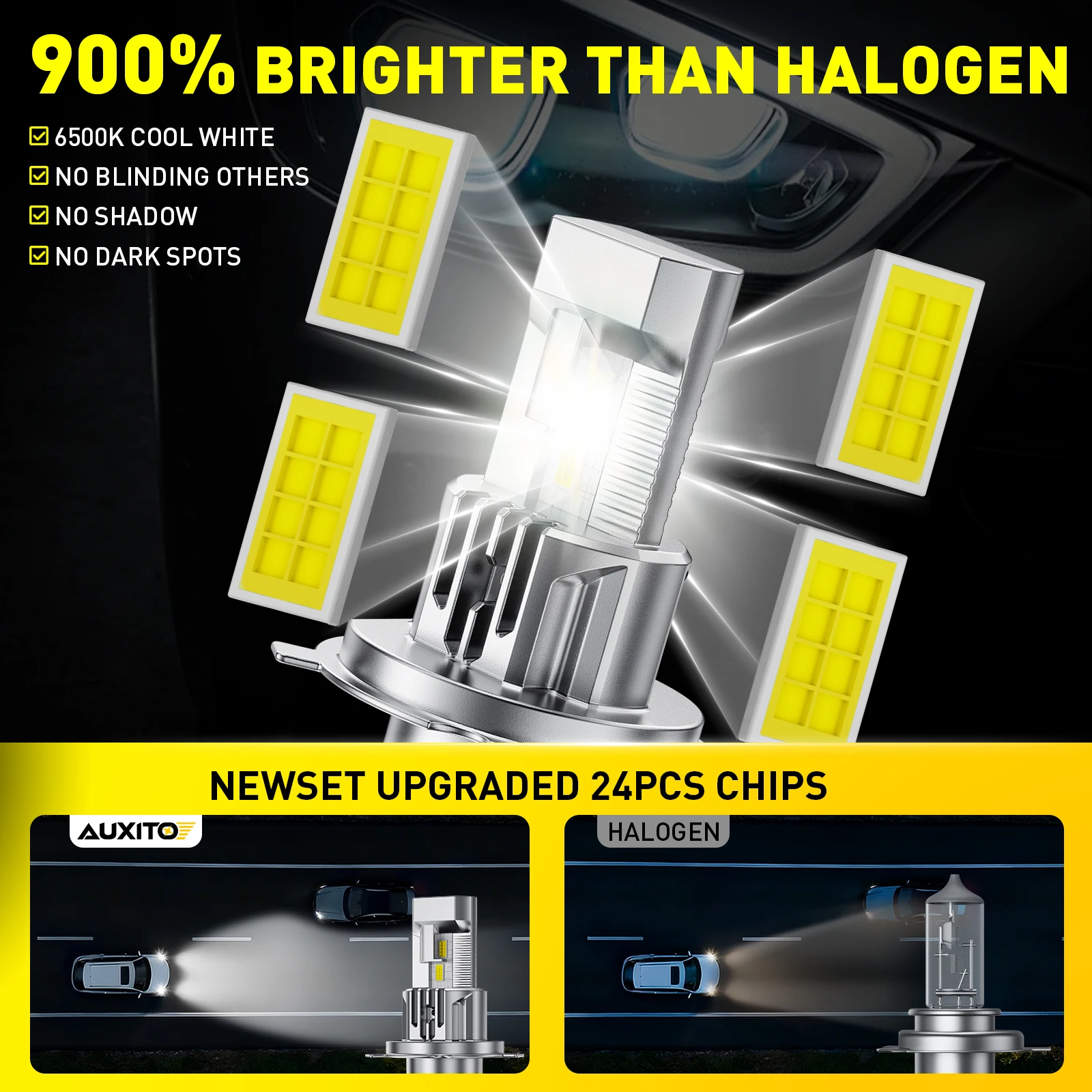 2Pcs AUXITO H4 LED Headlight 50W 12V Bulbs 6500K Canbus For Cars High and Low Beam 9003 HB2 Lamps Powerful Super Bright Fanless