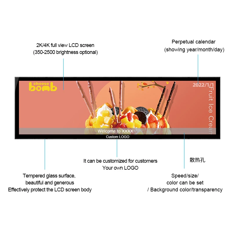 Display pubblicitario LCD per barra elastica interna per negozio al dettaglio con schermo per bordo scaffale per segnaletica digitale Android di dimensioni personalizzate