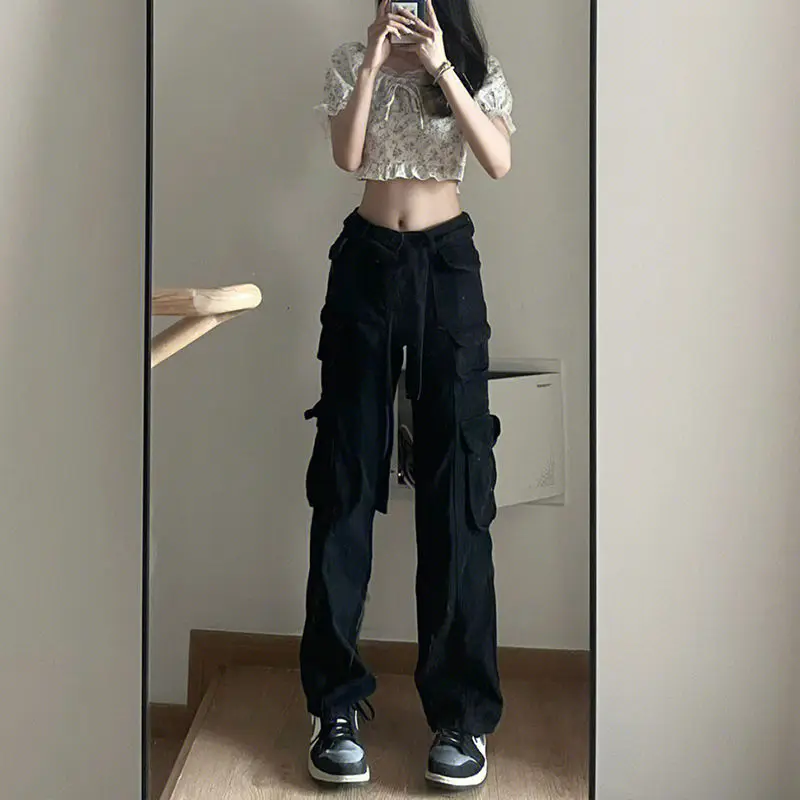 

2024 New Button High Waist Leisure Pants Women Pockets Stitching Straight Cargo Pants Vintage Casual Black Streetwear Jeans A45