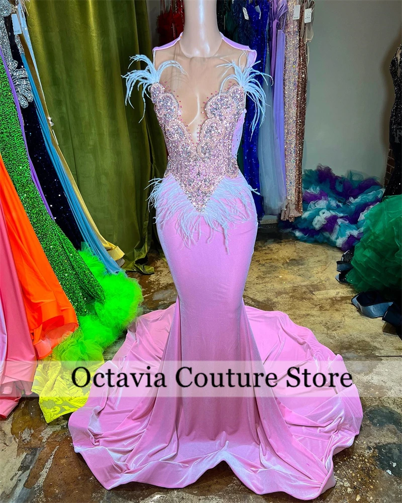 

Pink O Neck Long Prom Dresses For Black Girls Bead Crystal 204 Birthday Luxury Dress Feather Graduation Gown Customized