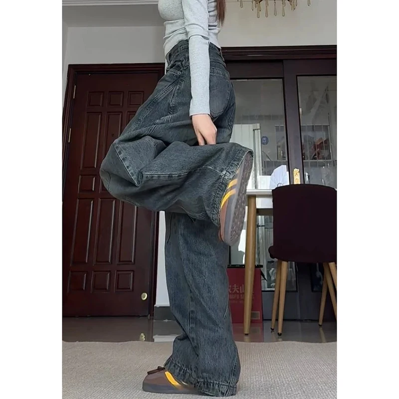 Women Vintage Blue Wide Leg Jeans American Retro Vibe High Street Baggy Denim Trousers Hip Hop Streetwear Wide Leg Pants