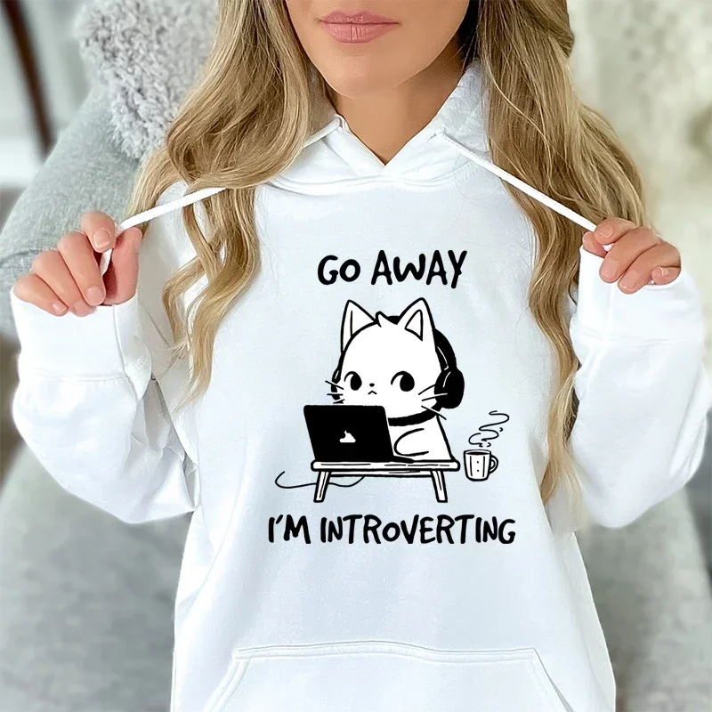 Fashion Hoodie Cartoon Go Away I’m Introverting Cute Cat Women Hoodies Fashion Casual Round Neck Hooded Pullovers Sweatshirt Top