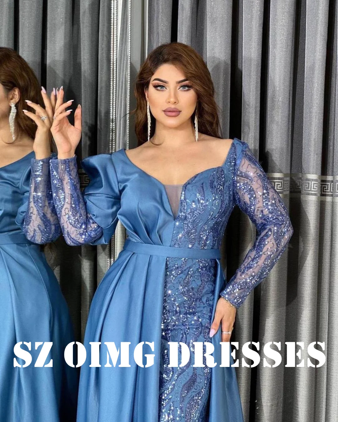 OIMG New Design V-Neck Sequined Mermaid Prom Dresses Saudi Arabic Women Customized Blue Gowns Formal Party Dress Customized