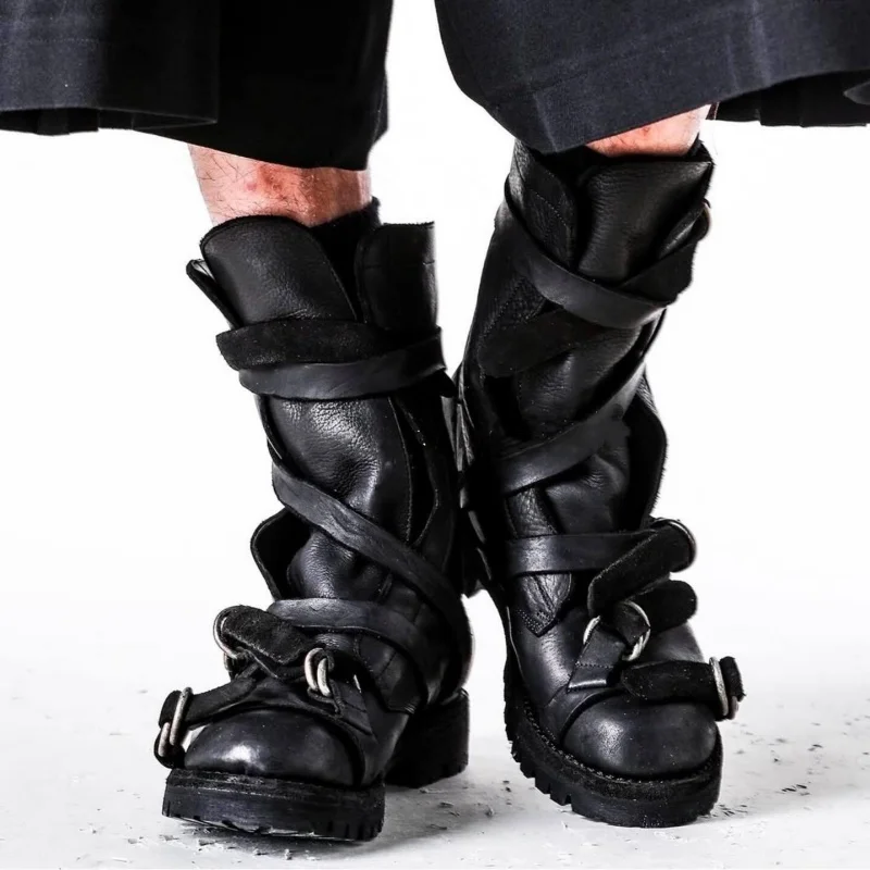 

Yamamoto Style Dark Retro Vintage Motorcycle Boots Men's Real Leather Strap Boots Short Tube Belt Buckle Wasteland Fashion Shoes