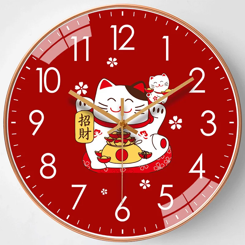 

Japanese Lucky Cat Round Wall Clock Red Cartoon Cat Decoration Clock Fashion Simple Silent Quartz Watch Bedroom Wall Watch