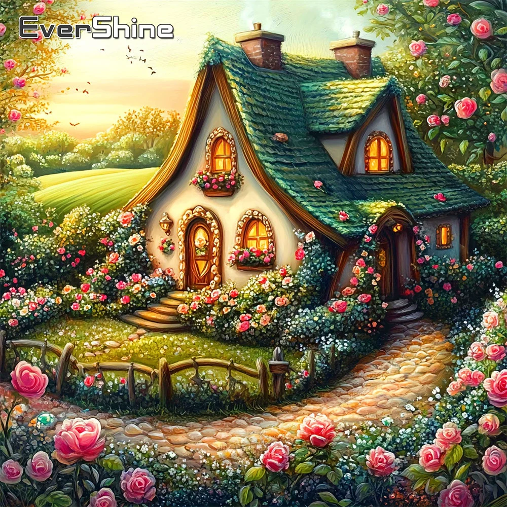 Evershine DIY Diamant-Mosaik Blumenhaus Vollbohr-Malerei Landschaftsbild aus Strass Stickerei Rose Handgemachtes Geschenk