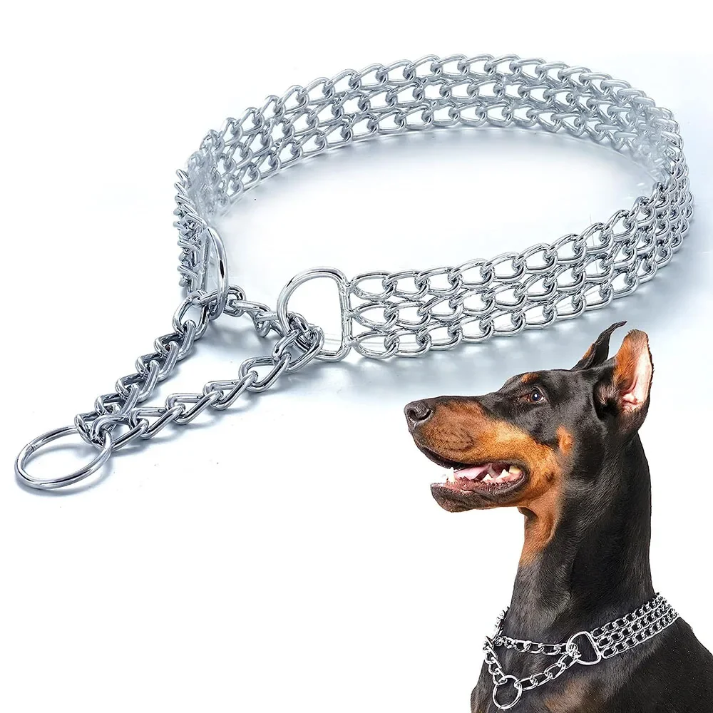 Strong Dog Chain Collar Chew Proof Triple Row Chain Adjustable Walking Collar Metal Cuban Link Dog Collar