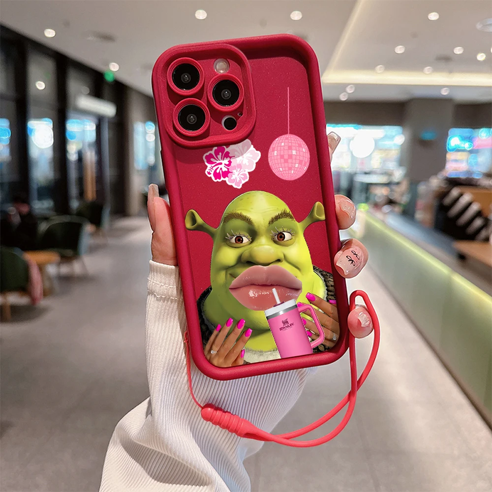 S-shreks-funda trasera de TPU suave con correa de mano para IPhone, carcasa divertida de dibujos animados para IPhone 15, 14, 13, 12, 11 Pro Max,