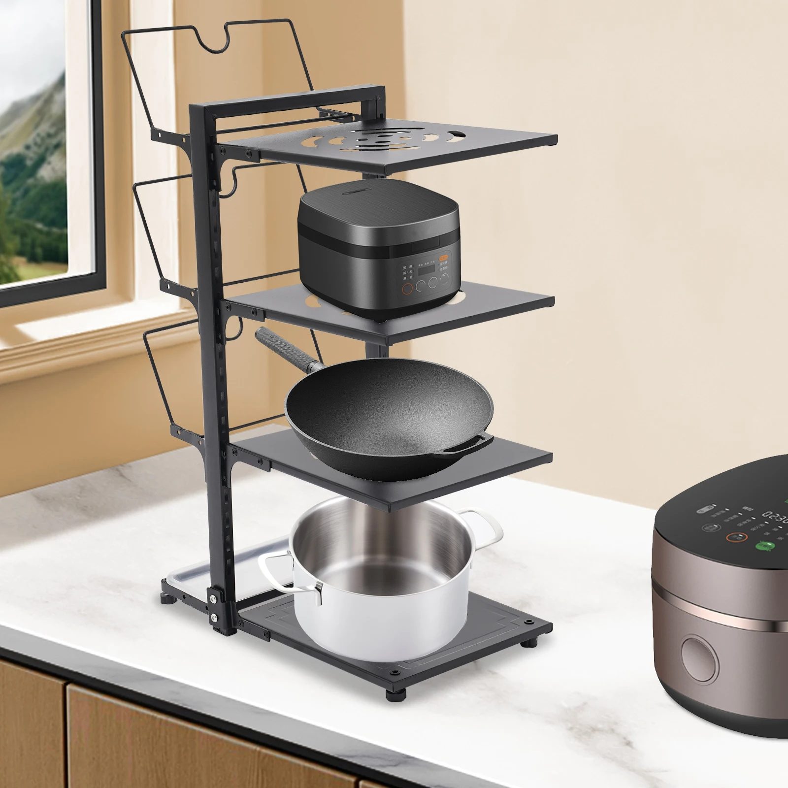 

4-уровневый органайзер для кастрюль, 22,50 фунтов на ярус, органайзер для кастрюль из углеродистой стали с крышкой, 14,578,920,87 дюйма, кухонный органайзер для хранения, серый/черный, регулируемый