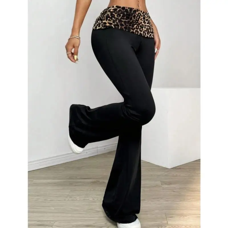 

Faionable Casual Leopard Print Patchwork Bell Bot Men's orts Wide Leg Pants Ci Walk Vintage Sle Tee-acetate Fiber