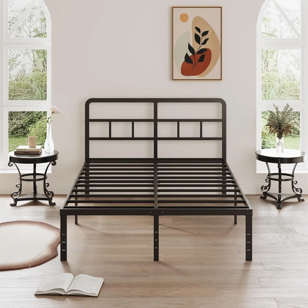 إطار سرير كوين معدني قوي مع لوح رأسي، لا يتطلب صندوق زنبركي، سرير بمنصة شديدة التحمل مع شرائح فولاذية لمستلزمات المراتب