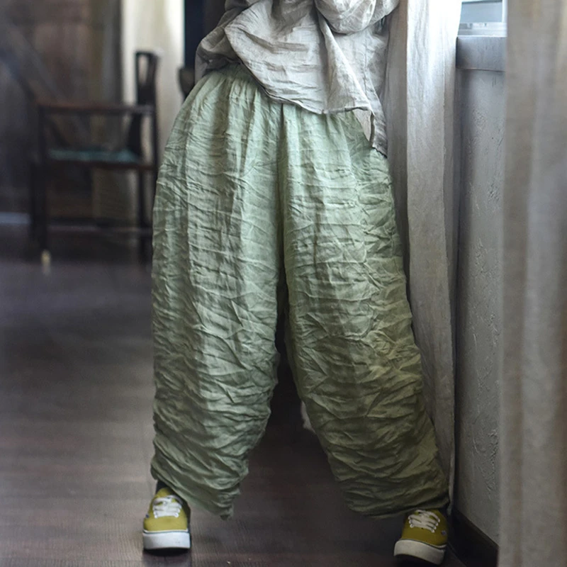 100% الكتان المرأة عادية سراويلي حريمي جديد وصول 2025 الربيع خمر نمط عادي اللون فضفاض مريح الإناث السراويل T455