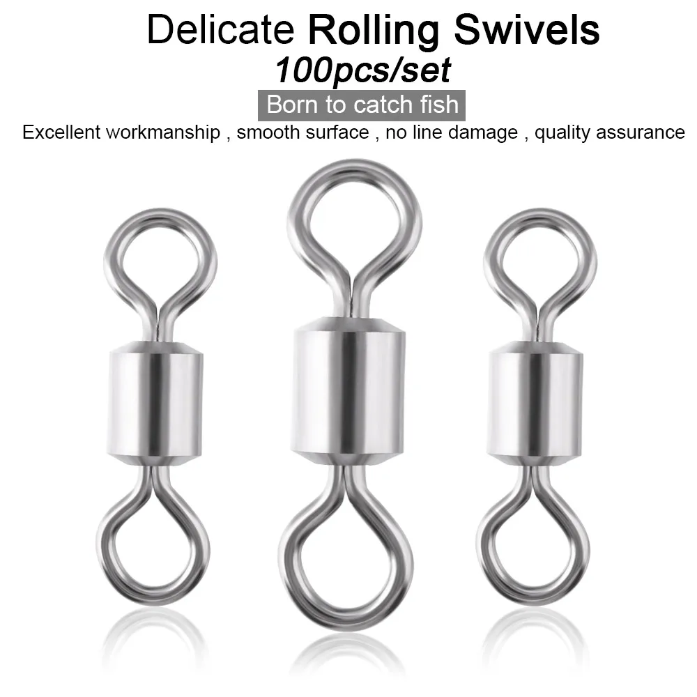 100 Pcs/lot High Strength Fishing Swivels Bearing Solid Rings Rolling Fishing Connector Fishing Tackle Accessories Multi Sizes