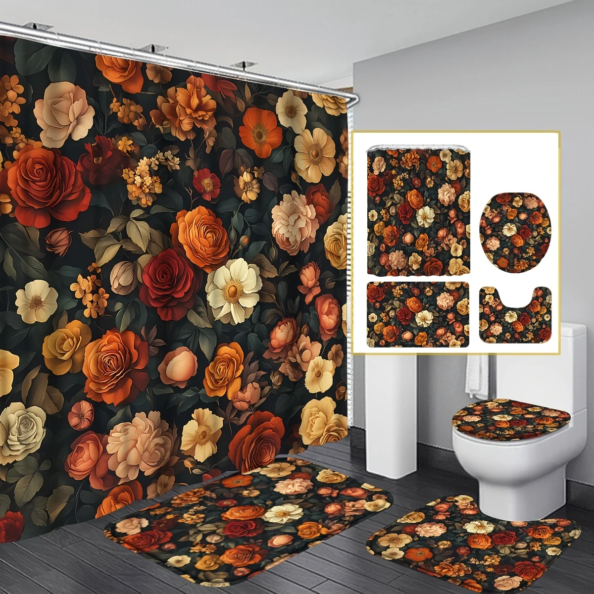 

4pcs Floral Shower Curtain Set, Red Flower & Plant Bathroom Accessories, Vintage Boho Floral Curtain with Non-Slip Rugs, Toilet