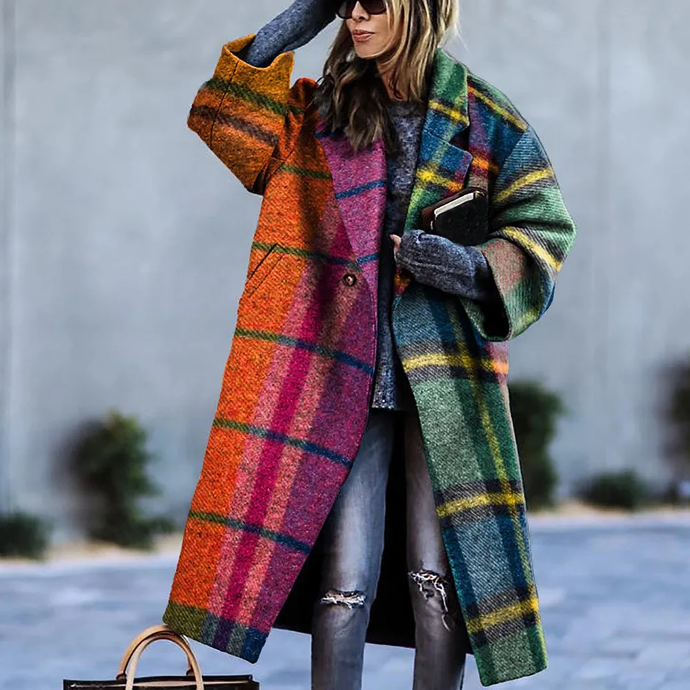 2024 new autumn and winter casual women's warm long-sleeved lapel coat printed thick woolen long versatile fashionable coat