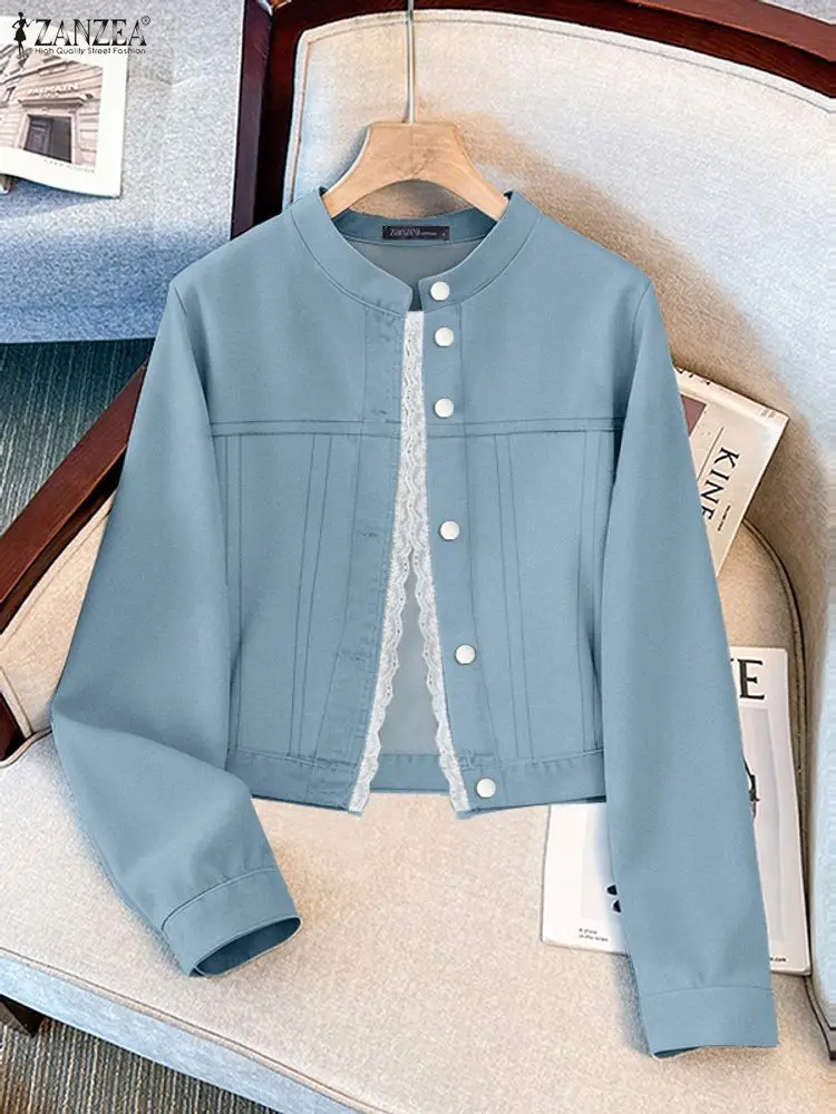 

ZANZEA Casual Chic Women's Jackets Lace Patchwork Stand Collar Long Sleeve Denim-Like Coats Autumn Lightweight Woman Outerwear