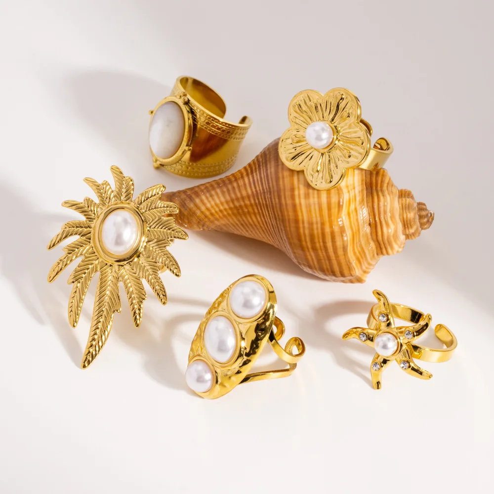 

V. Stainless Steel Pearl Coconut Tree Flower Starfish Opening Ring Fashion Jewelry Making Wholesale