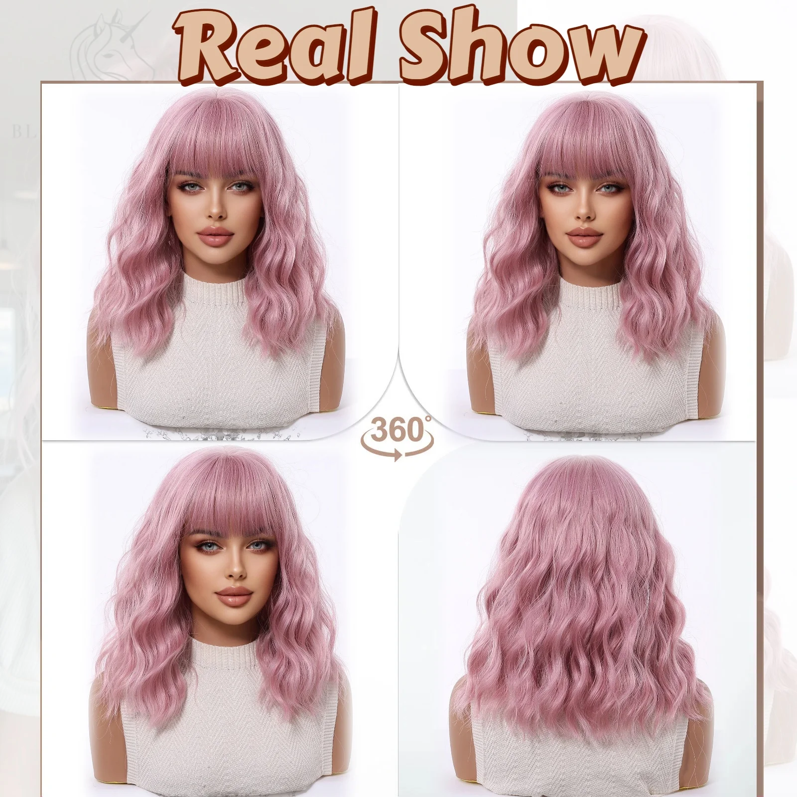 Pink Short Wavy Synthetic Wig with Full Bangs for Women Heat Resistant Natural Look Hair for Daily Party and Cosplay Use image 3