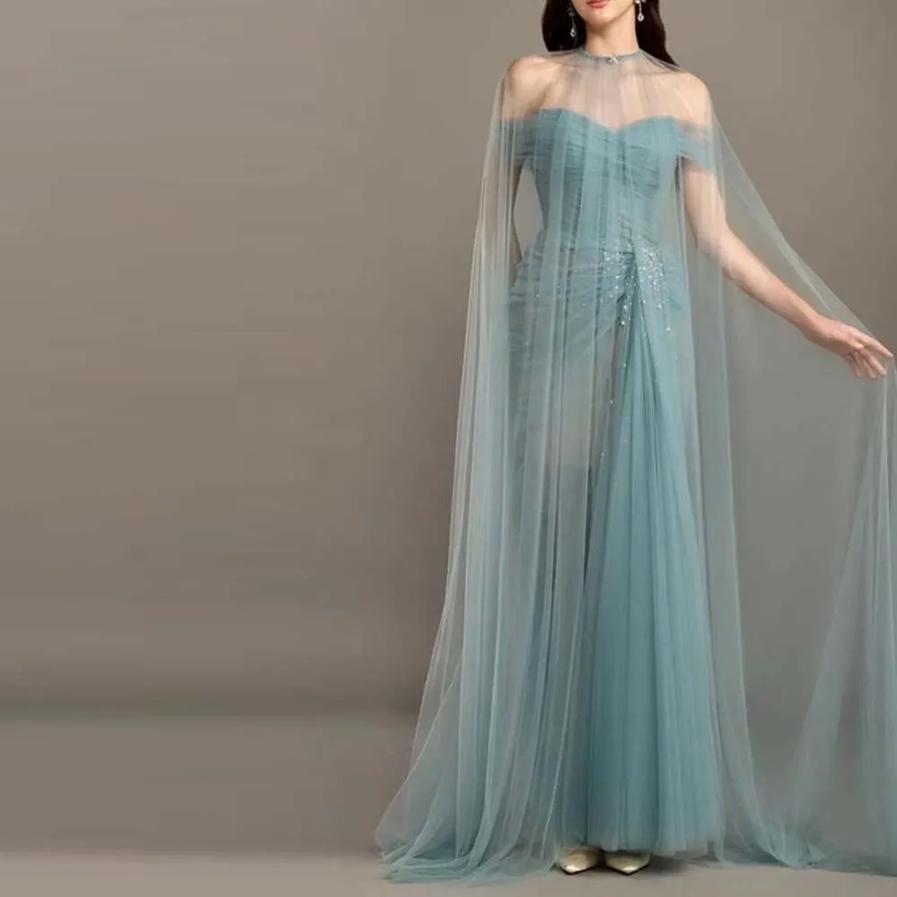 

Customized Illusion Draped Evening Dress Off the Shoulder Mermaid vestidos de gala with Cape See Through Bottom Prom Dresses