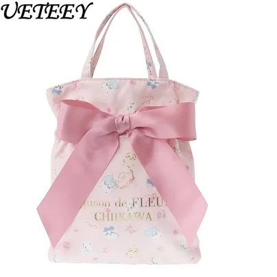 Japanese Sweet and Cute Girls Cartoon Pattern Bow Versatile Handbag Cosmetic Bag Pink Color Outdoor Clutch Bag Purse