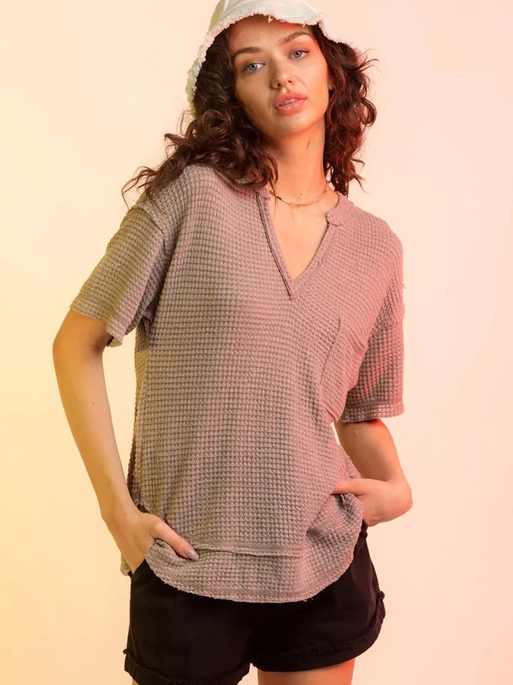 

Summer Casual Ladies T-Shirt Fashion Short Sleeve V Neck Waffle Shirt Women Solid Color Loose Sports Top Simple Home Clothes