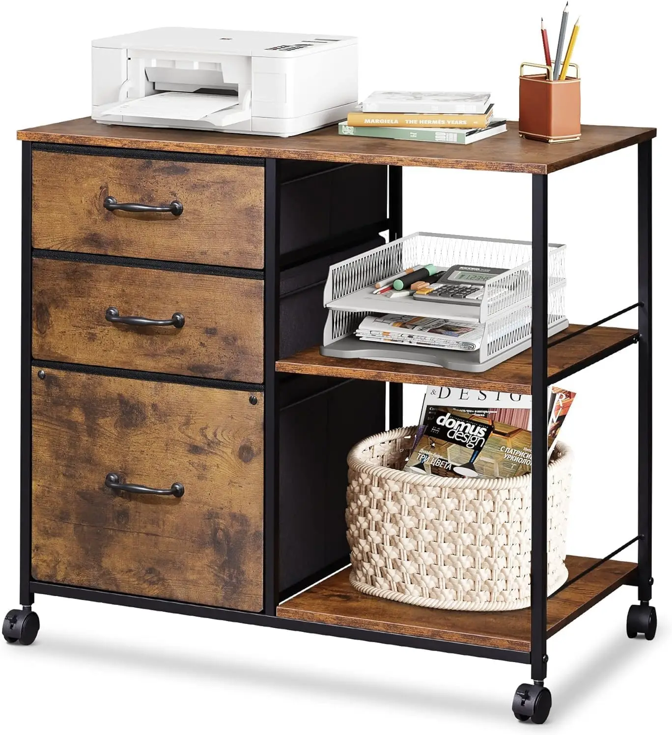 

3 Drawer Mobile File Cabinet, Rolling Printer Stand with Open Storage Shelf, Fabric Lateral Filing Cabine