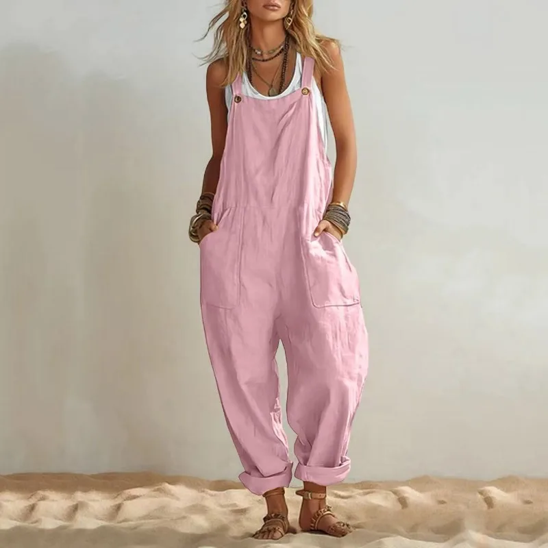 Women Solid Pocket Loose Sleeveless Adjustable Strap Linen Overalls Casual Jumpsuit view 4
