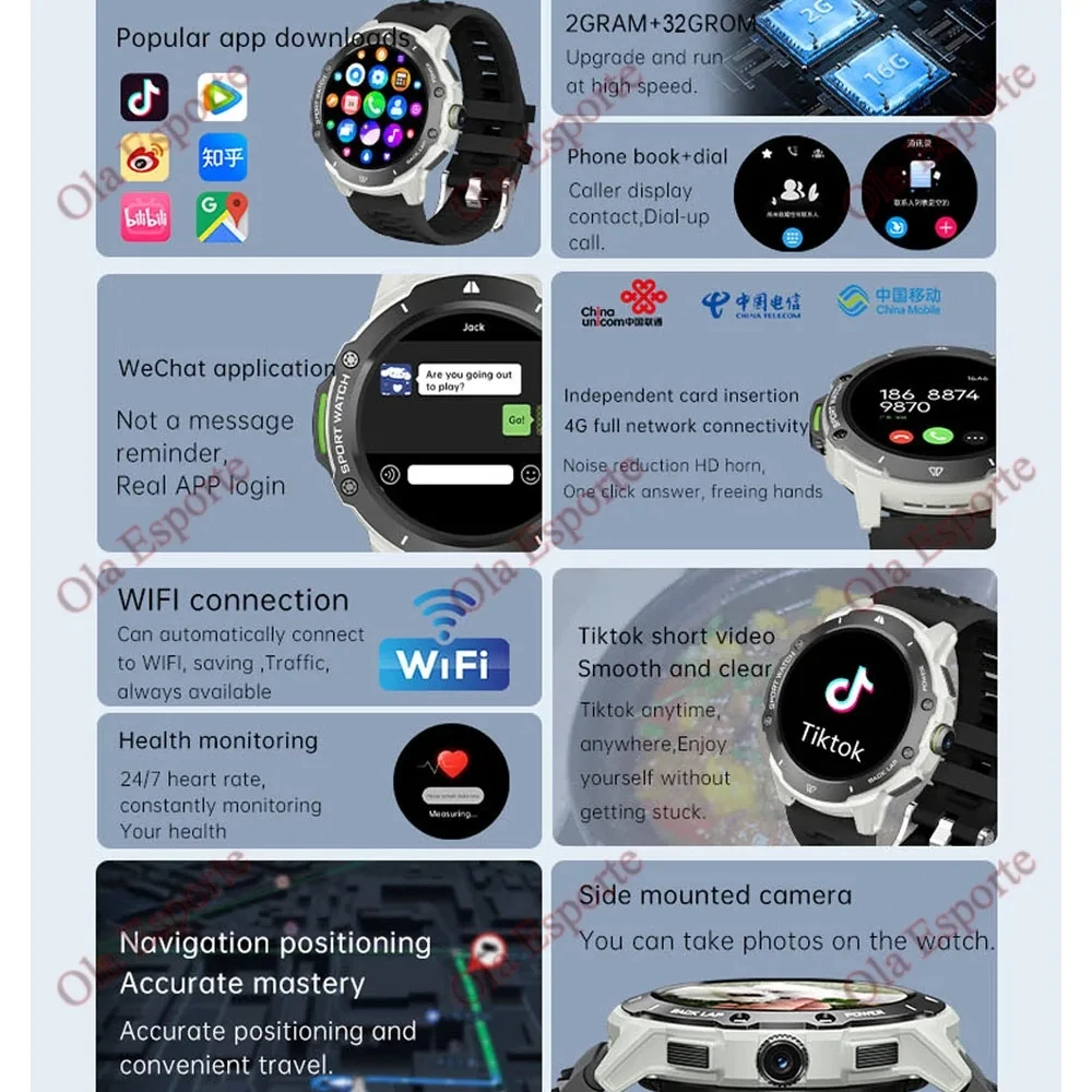 Nuovo 4G AMOLED Smartwatch SIM Card GPS WIFI NFC Download APP Dual Camera videochiamate monitoraggio della frequenza cardiaca Google Play uomo donna