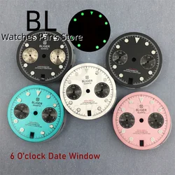 BLIGER 30mm VK64 Watch Dial Black Pink White Blue-green Dial For VK64 5-hands Quartz Chronograph Movement 6 O 'clock Date Window