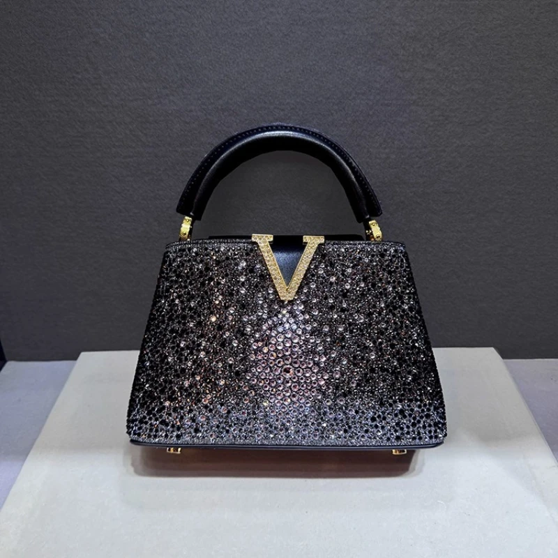 Luxury Brand Leather Diamond Handbag Rhinestone Shoulder Cross-body Tote Bags for Women Bolso Marca Lujo