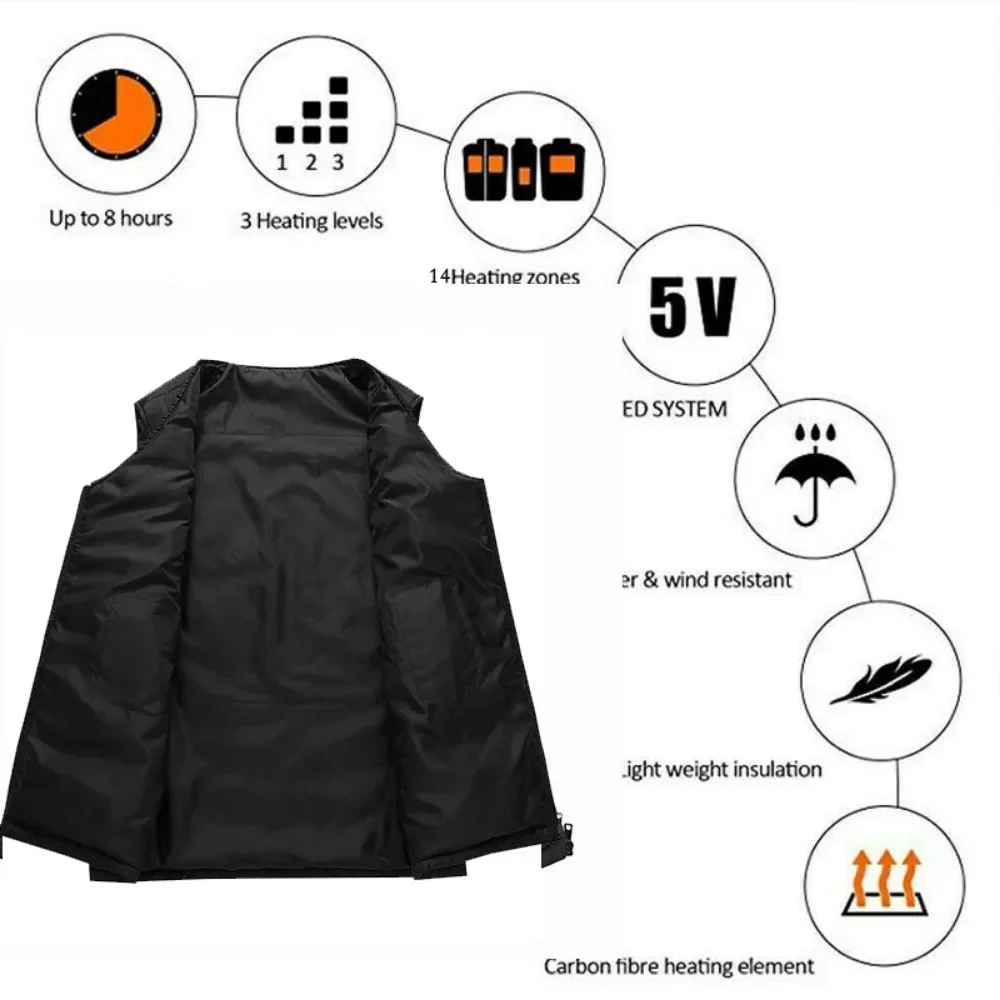 16 Heated Down Cotton Vest for Men Women Winter USB Warm Sleeveless Jacket Smart Heating Clothes Outdoor Lightweight Vest Coat