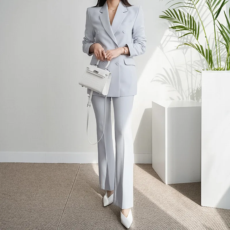 2022 Spring Autumn Women Two Pieces Blazer Pants Set Korean Graceful Office Lady White Suit Coat+High Waist Trouser OL Outfits