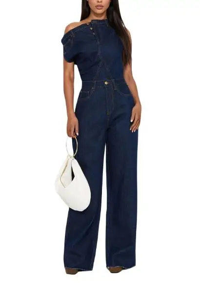 

Elegant and Fashionable Temperament, Personalized Slanted Neck Off Shoulder High Waisted Jumpsuit for Women, Denim Jumpsuit
