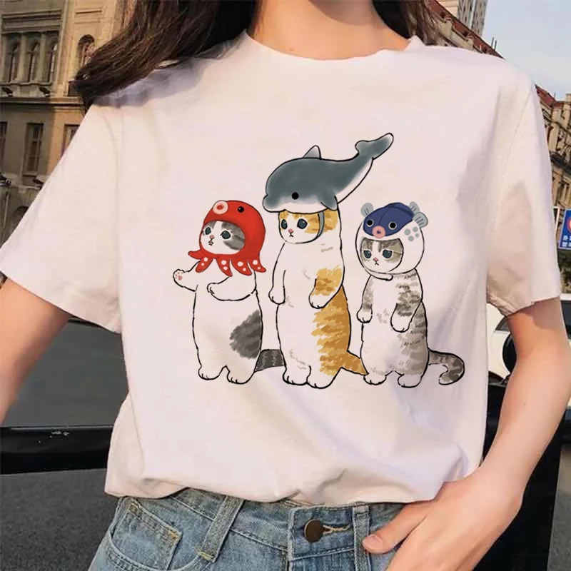Sommer kawaii Cartoon Katzen gedruckt Frauen T-Shirts Harajuku Mode Freizeit Rundhals ausschnitt vielseitige wilde Kurzarm Top Unisex