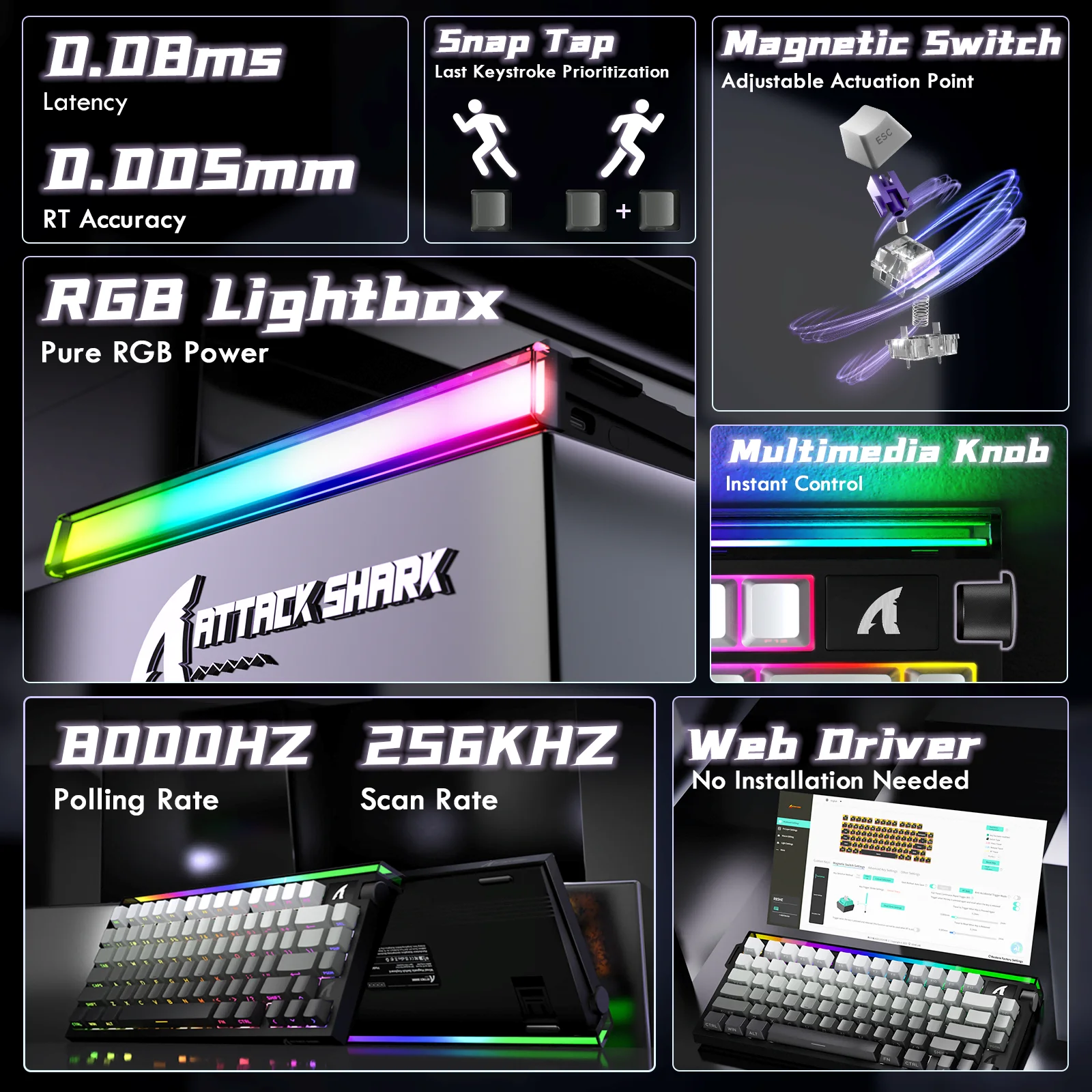 ATTACK SHARK R85HE Magnetic Axis Gaming Wire Keyboard 8KHz Rate 0.005mm RT Precision Adjustable 5 Layer Soundproof Filling RGB