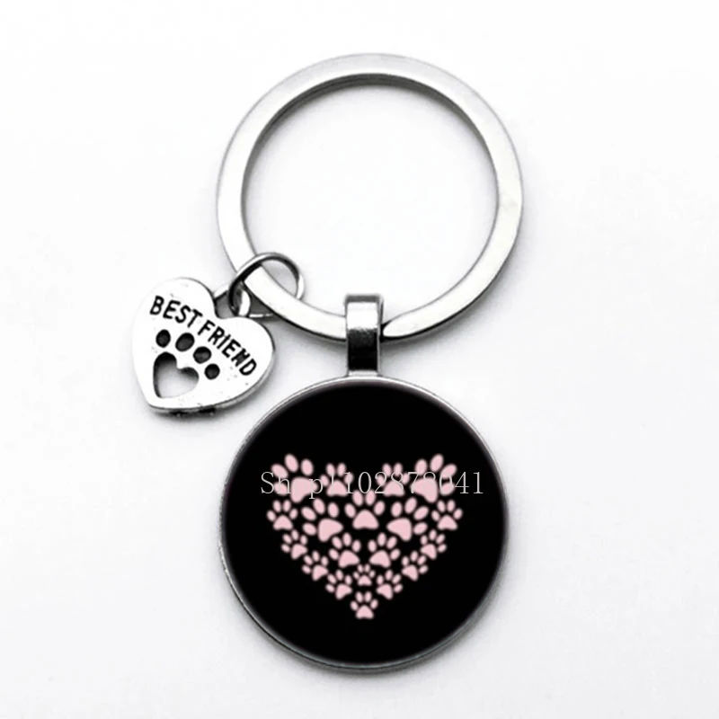 Fashion Jewelry Glass Pendant Alloy Keychain Cute Pets Dog Paw Print Charming Classic Gift