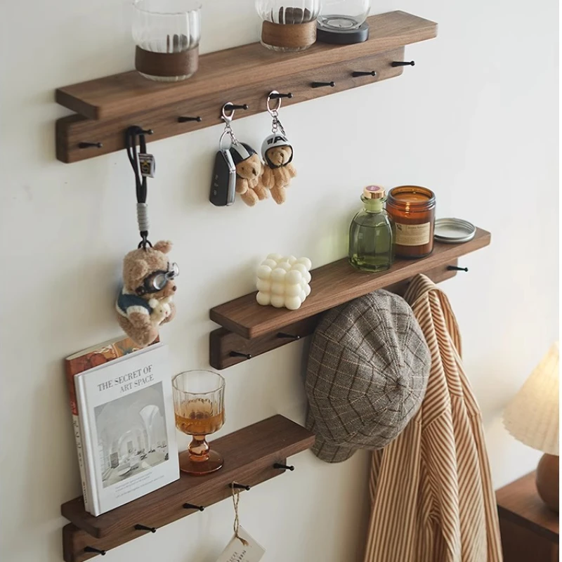Solid Wood Wall Mounted Coat Hooks No Drill Clothes Rack for Entryway Durable Key Holder Space-Saving