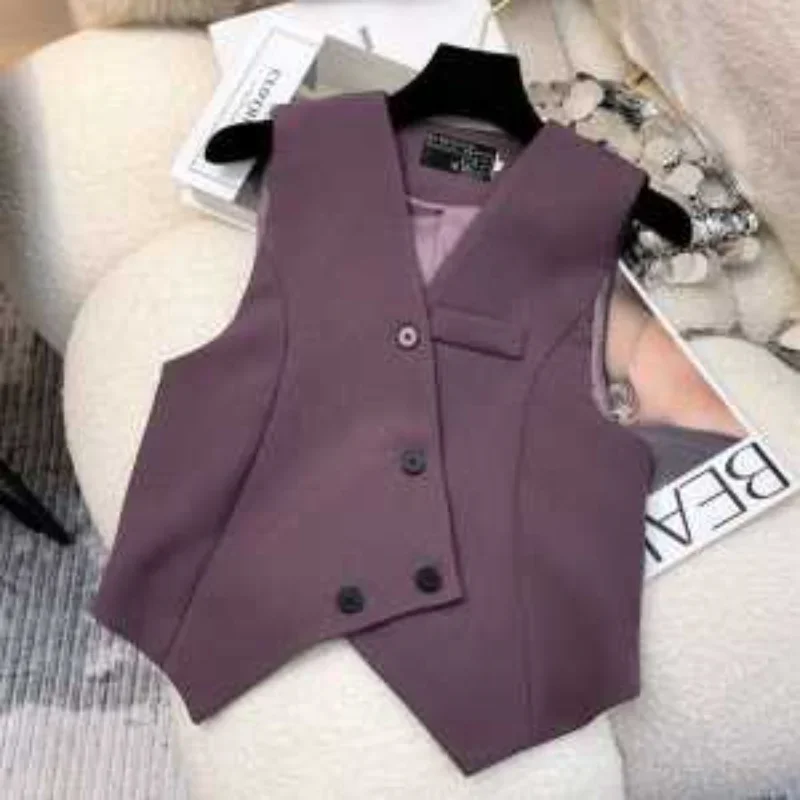 

Women's Purple Sleeveless Blazer Vest Slim Fit Double Breasted Waistcoat Office Casual